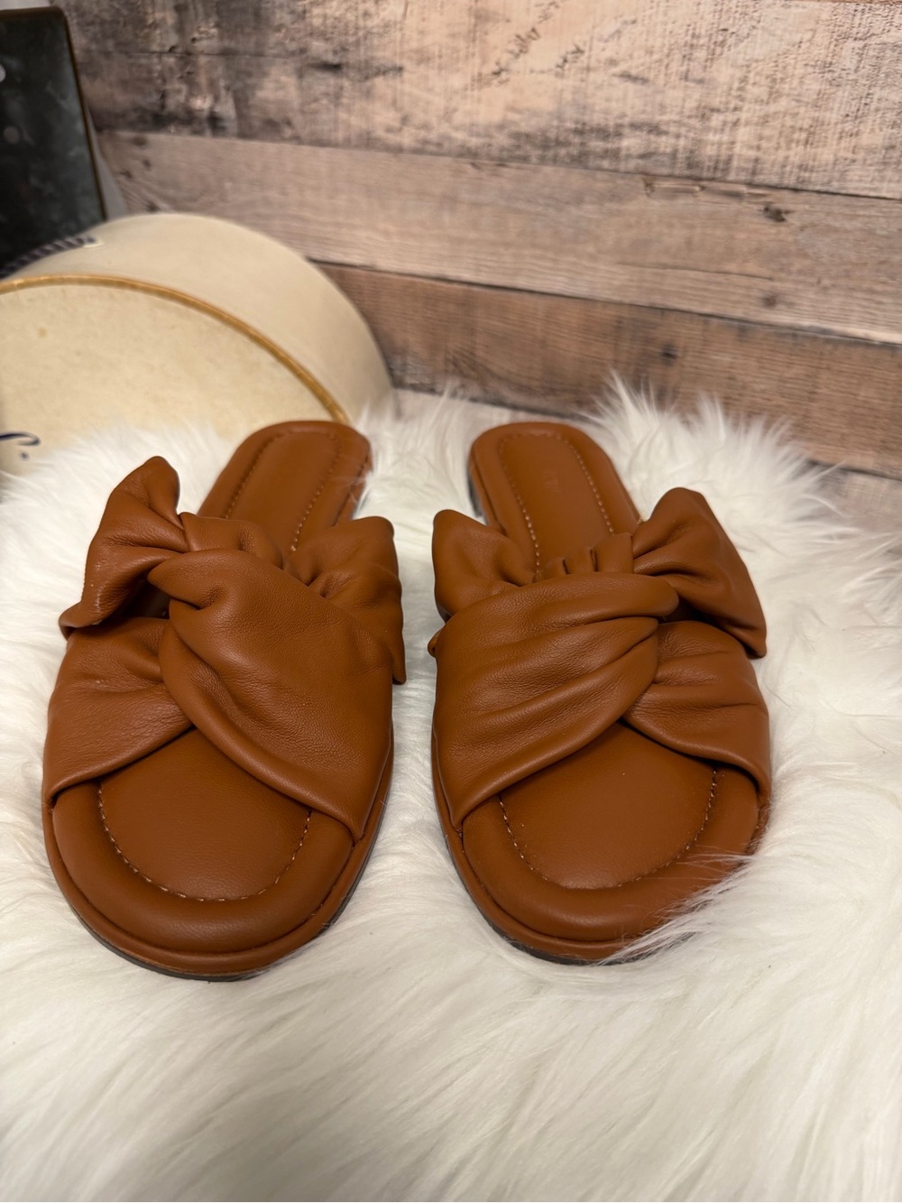 J. Crew Cognac Knotted Slides 10.5